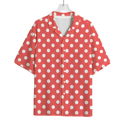 Pastel Red And White Polka Dot Print Rayon Hawaiian Shirt