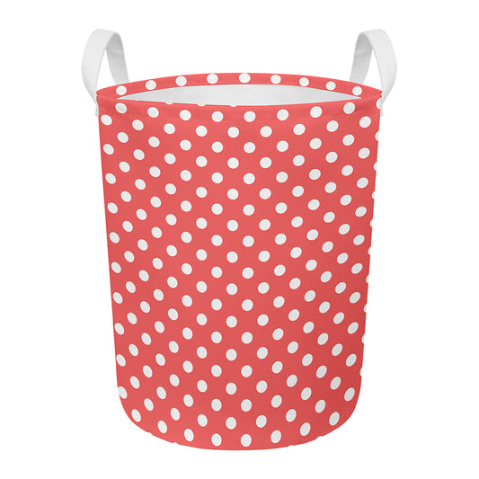 Pastel Red And White Polka Dot Print Round Laundry Basket