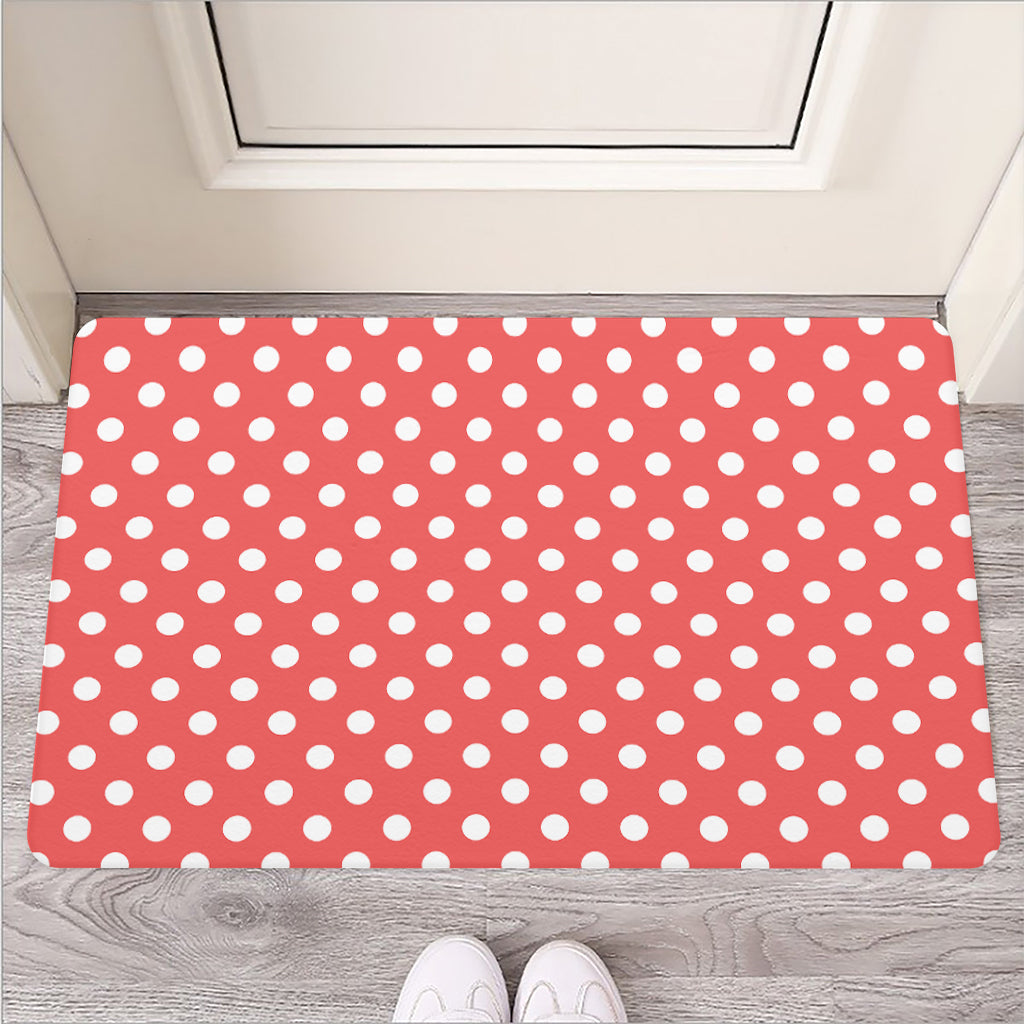 Pastel Red And White Polka Dot Print Rubber Doormat