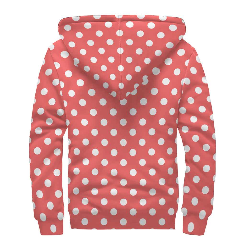 Pastel Red And White Polka Dot Print Sherpa Lined Zip Up Hoodie
