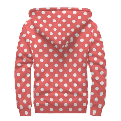 Pastel Red And White Polka Dot Print Sherpa Lined Zip Up Hoodie