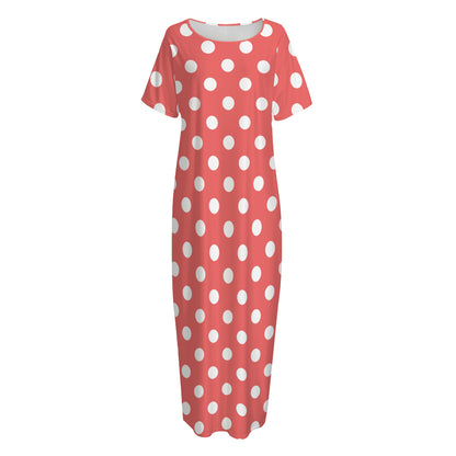 Pastel Red And White Polka Dot Print Short Sleeve Long Nightdress