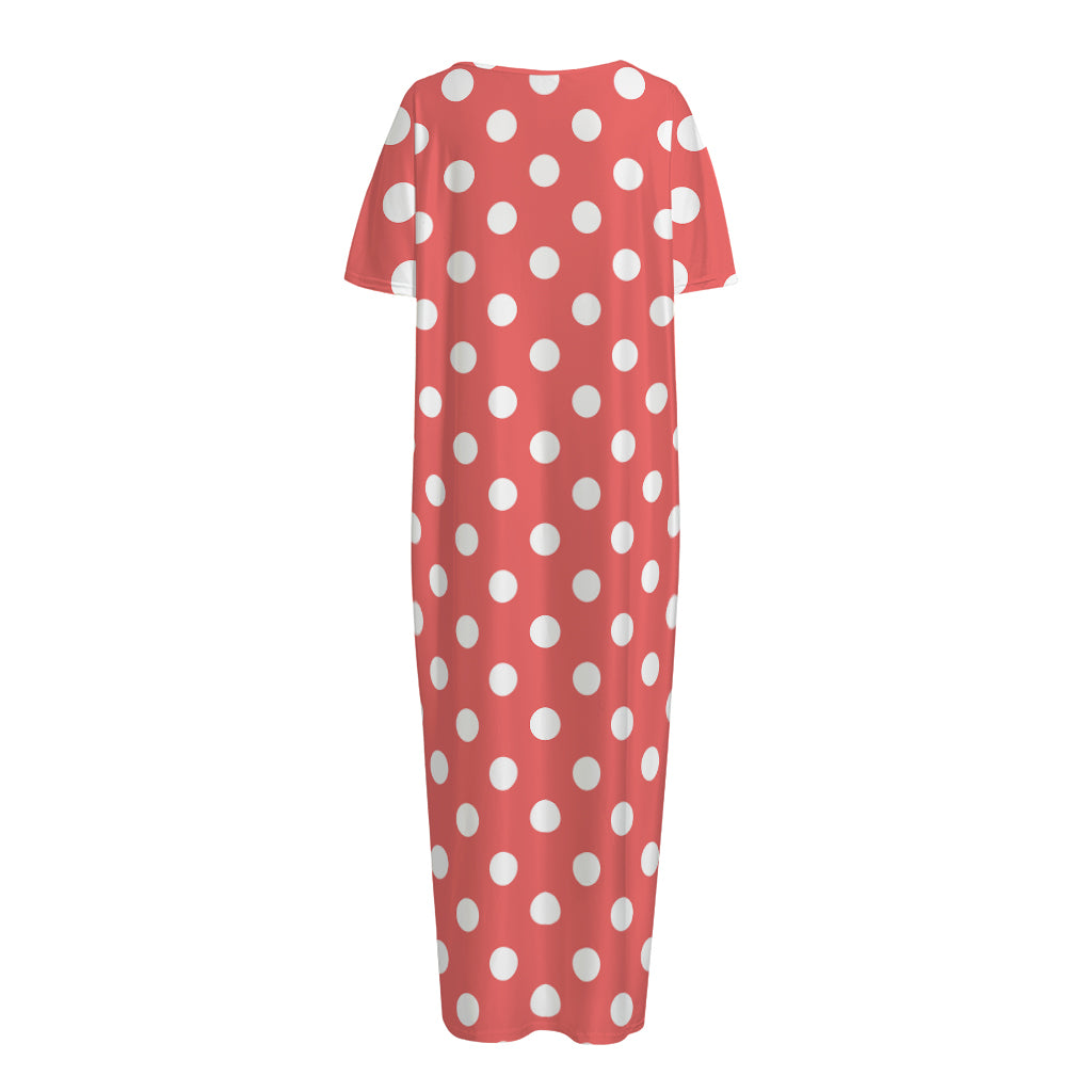 Pastel Red And White Polka Dot Print Short Sleeve Long Nightdress