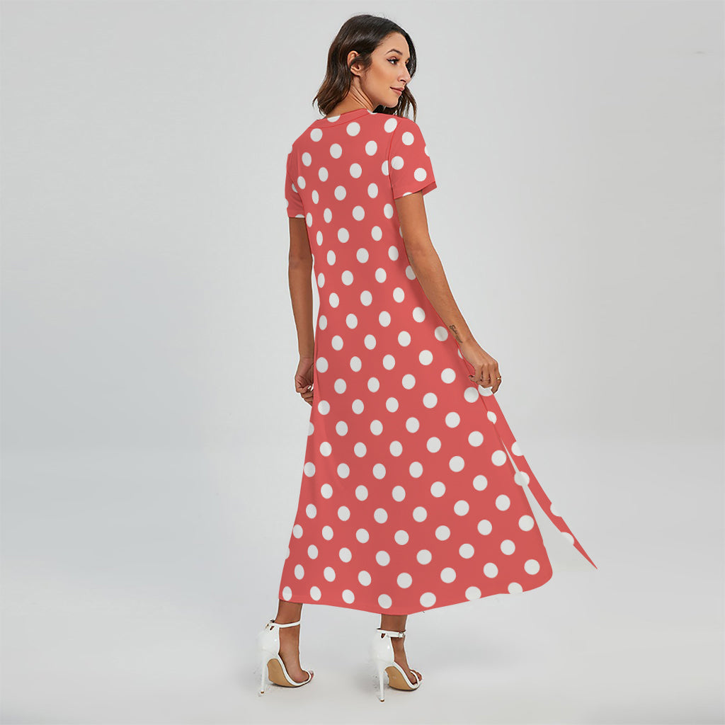 Pastel Red and White Polka Dot Print Short Sleeve Maxi Dress