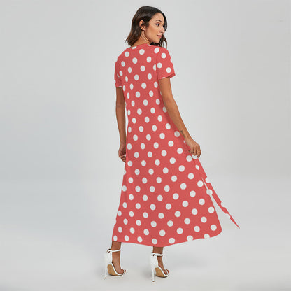 Pastel Red And White Polka Dot Print Short Sleeve Maxi Dress