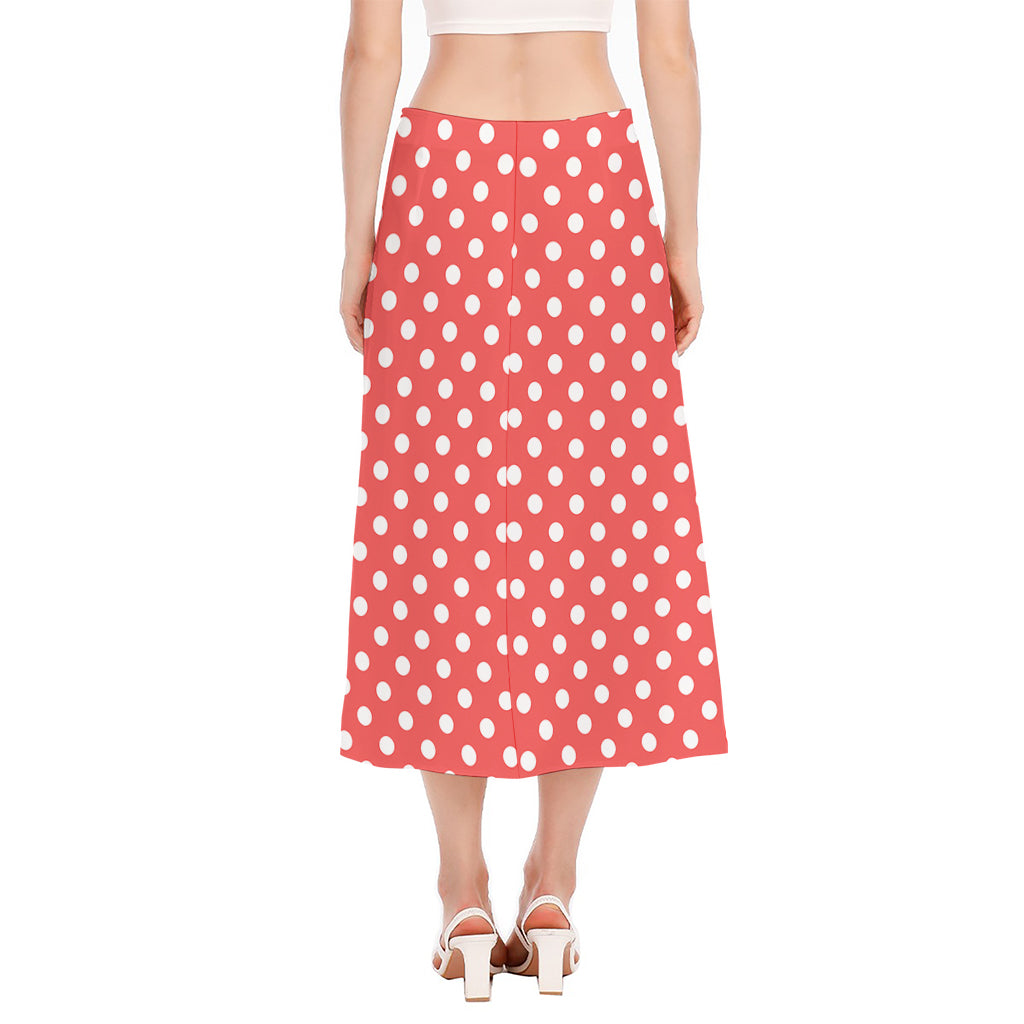 Pastel Red And White Polka Dot Print Side Slit Midi Skirt