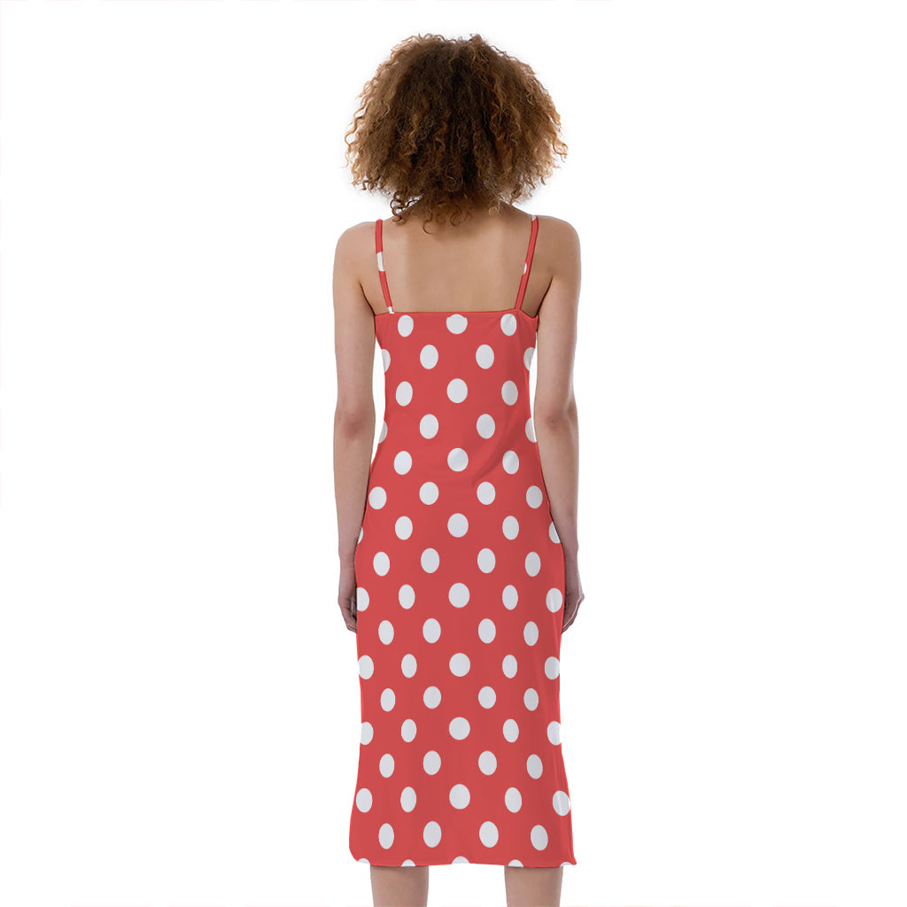 Pastel Red And White Polka Dot Print Slim Fit Midi Cami Dress
