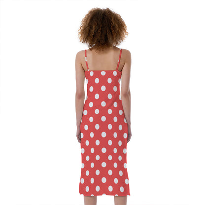 Pastel Red And White Polka Dot Print Slim Fit Midi Cami Dress
