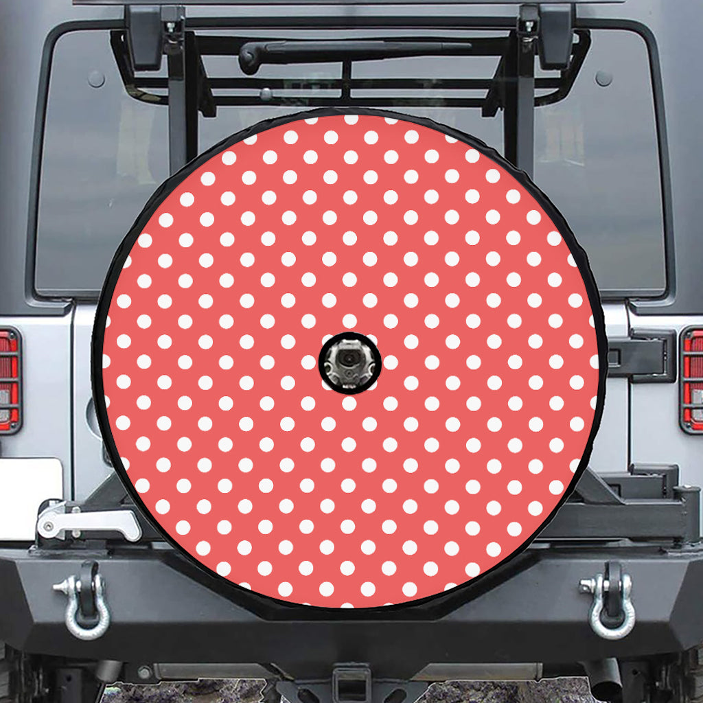 Pastel Red And White Polka Dot Print Tire Cover With Camera Hole