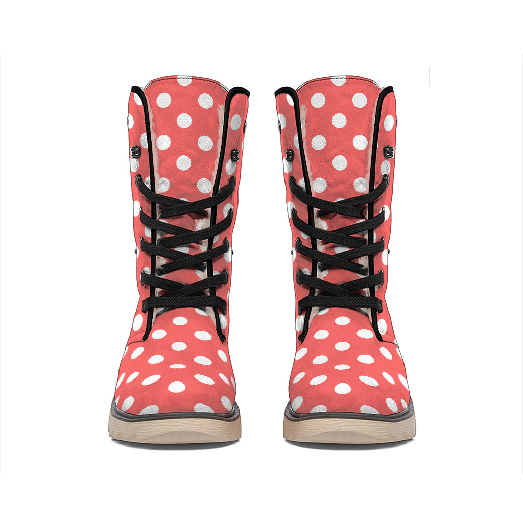 Pastel Red And White Polka Dot Print Winter Boots