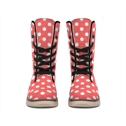 Pastel Red And White Polka Dot Print Winter Boots