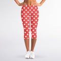 Pastel Red And White Polka Dot Print Women's Capri Leggings