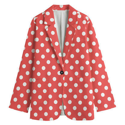 Pastel Red And White Polka Dot Print Women's Cotton Blazer