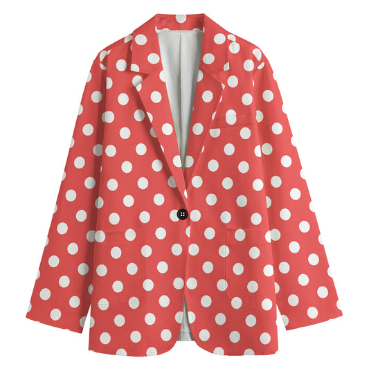 Pastel Red And White Polka Dot Print Women's Cotton Blazer