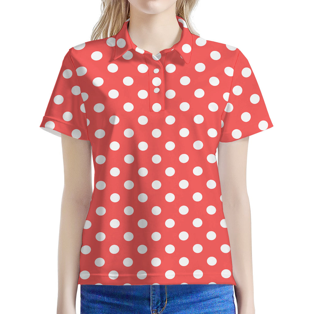 Pastel Red And White Polka Dot Print Women's Polo Shirt