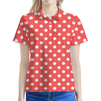 Pastel Red And White Polka Dot Print Women's Polo Shirt