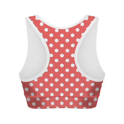 Pastel Red And White Polka Dot Print Women's Sports Bra