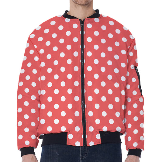 Pastel Red And White Polka Dot Print Zip Sleeve Bomber Jacket