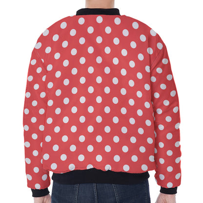Pastel Red And White Polka Dot Print Zip Sleeve Bomber Jacket