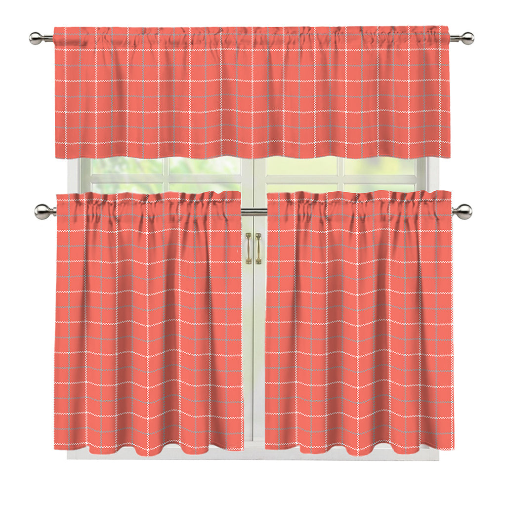 Pastel Red Tattersall Pattern Print 3 Piece Kitchen Curtains