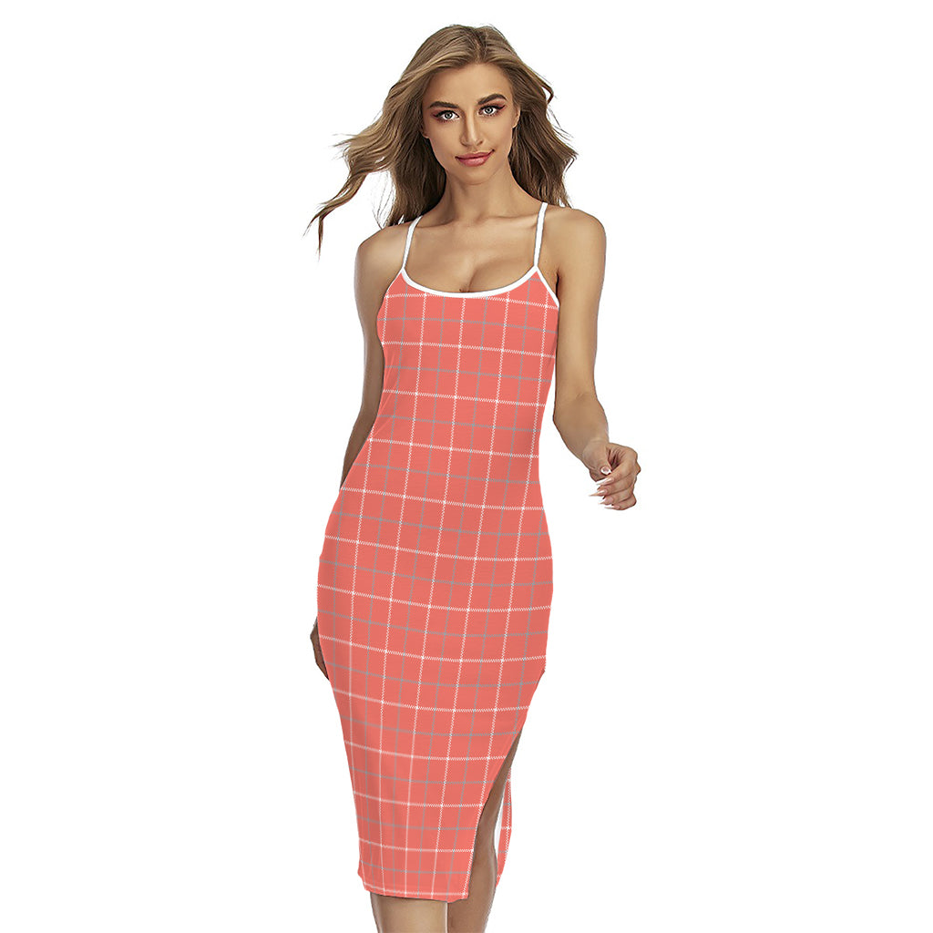 Pastel Red Tattersall Pattern Print Cross Back Cami Dress