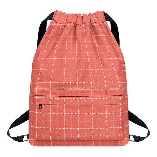Pastel Red Tattersall Pattern Print Drawstring Backpack