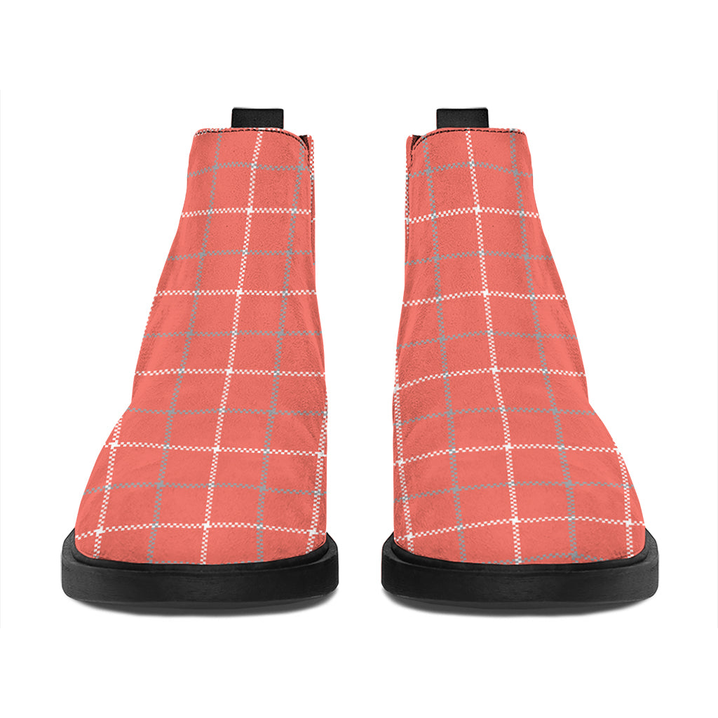 Pastel Red Tattersall Pattern Print Flat Ankle Boots
