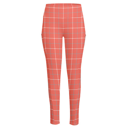 Pastel Red Tattersall Pattern Print High-Waisted Pocket Leggings