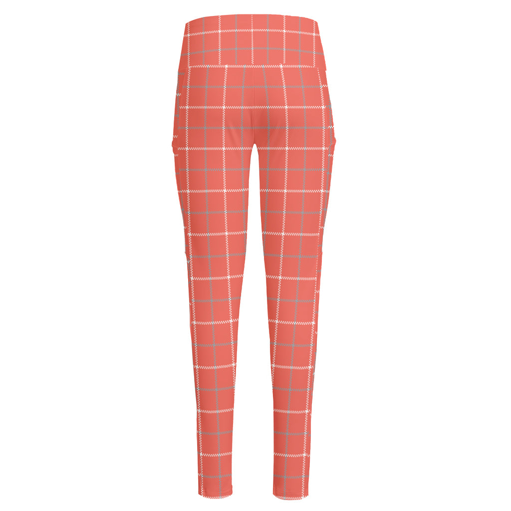 Pastel Red Tattersall Pattern Print High-Waisted Pocket Leggings