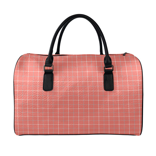 Pastel Red Tattersall Pattern Print Leather Duffle Bag