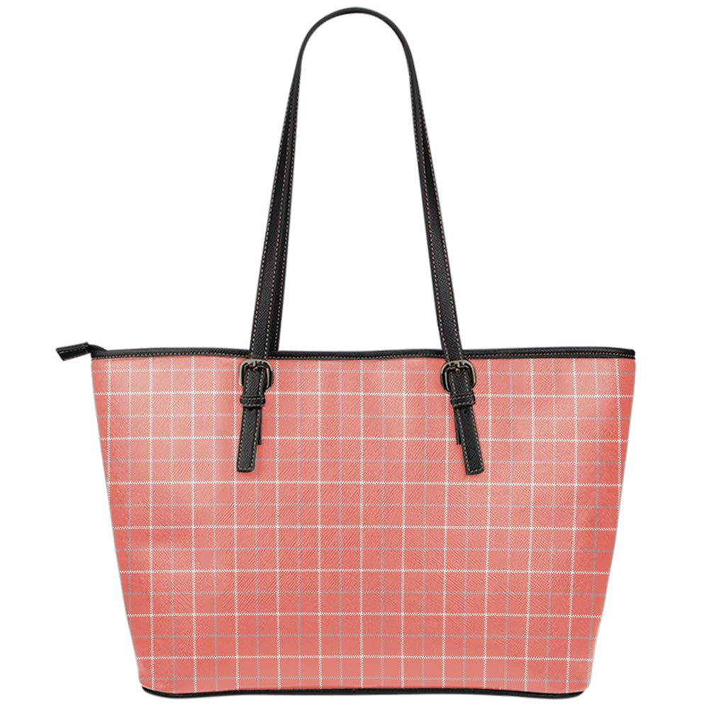 Pastel Red Tattersall Pattern Print Leather Tote Bag