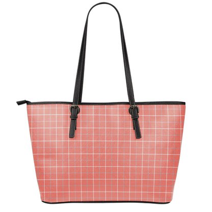Pastel Red Tattersall Pattern Print Leather Tote Bag