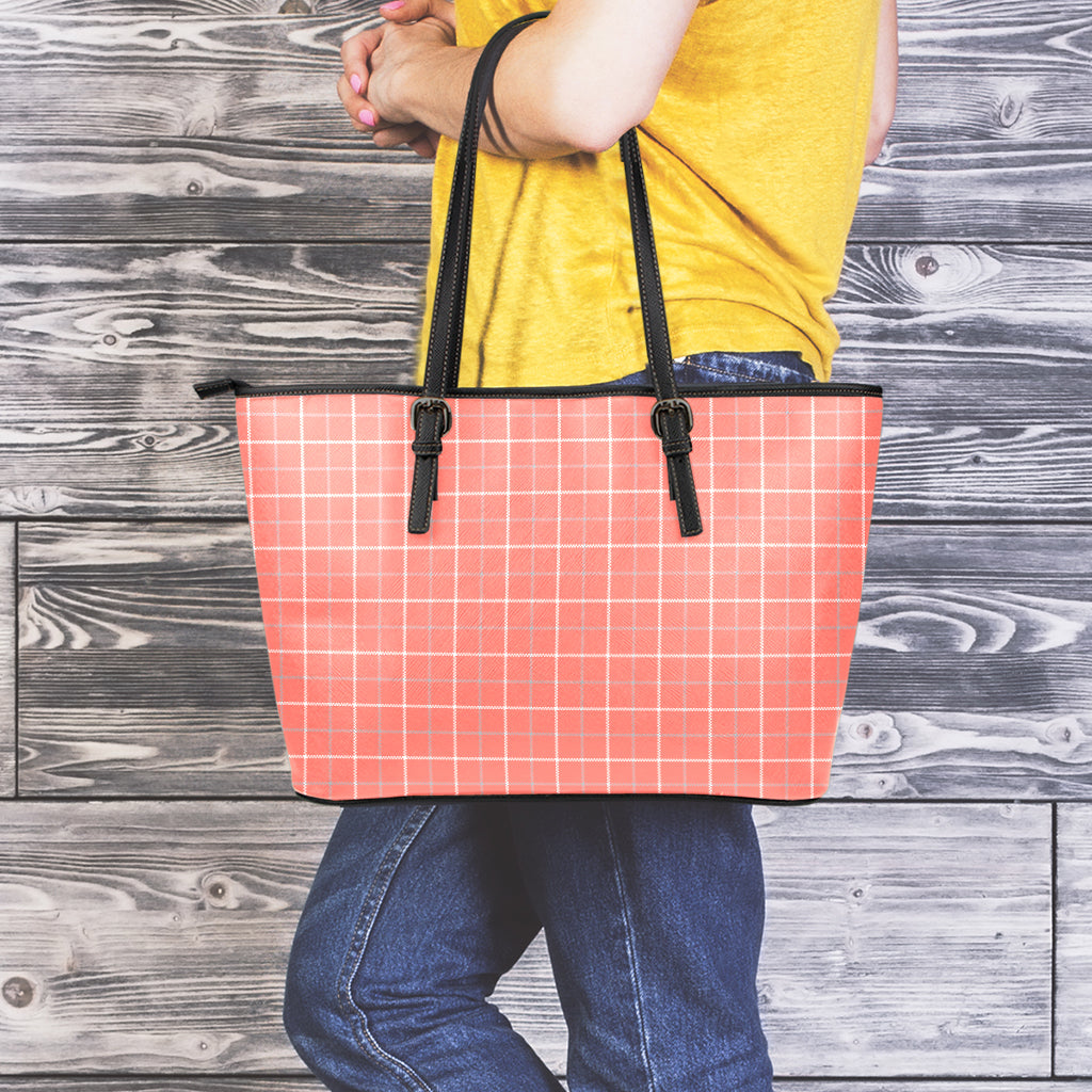 Pastel Red Tattersall Pattern Print Leather Tote Bag
