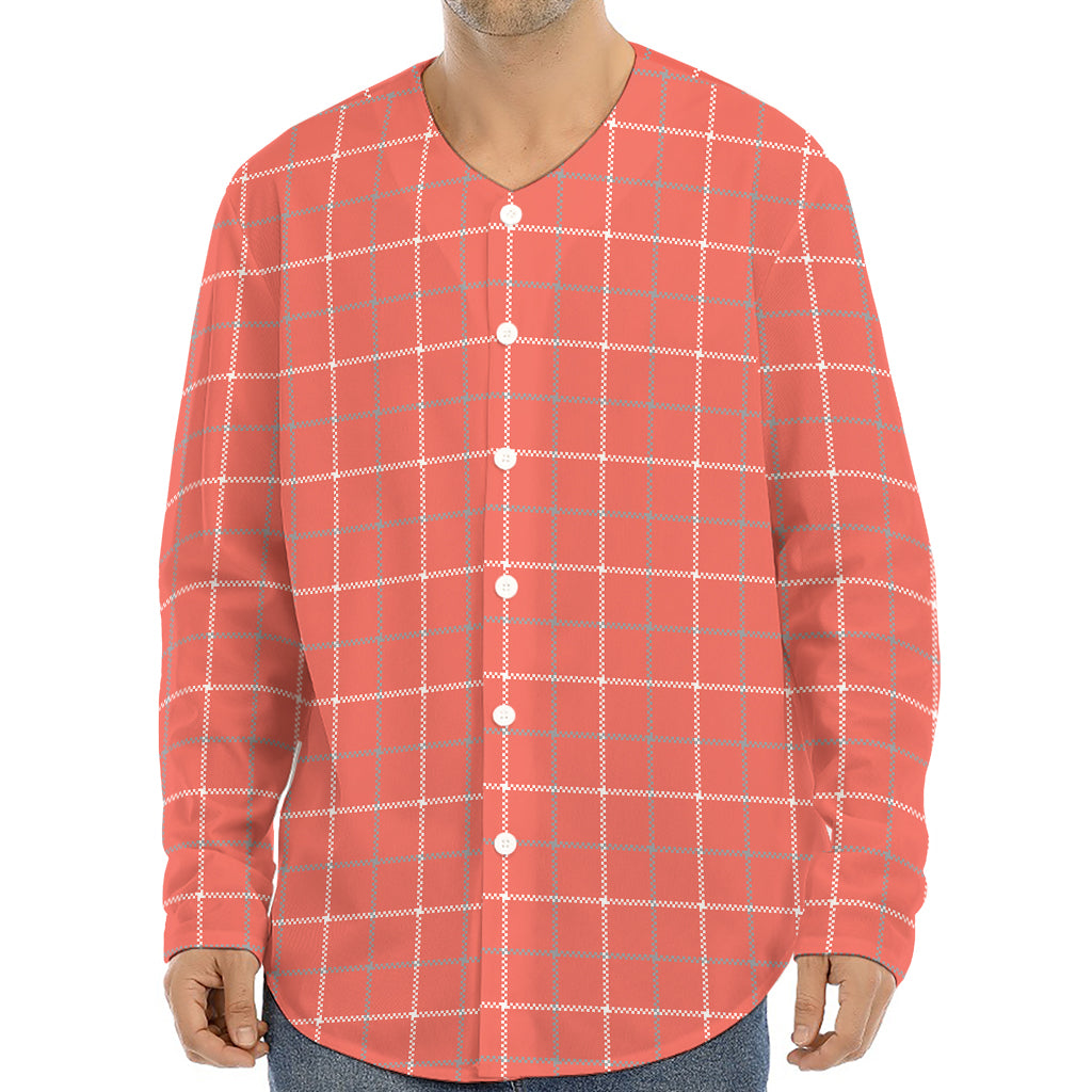 Pastel Red Tattersall Pattern Print Long Sleeve Baseball Jersey