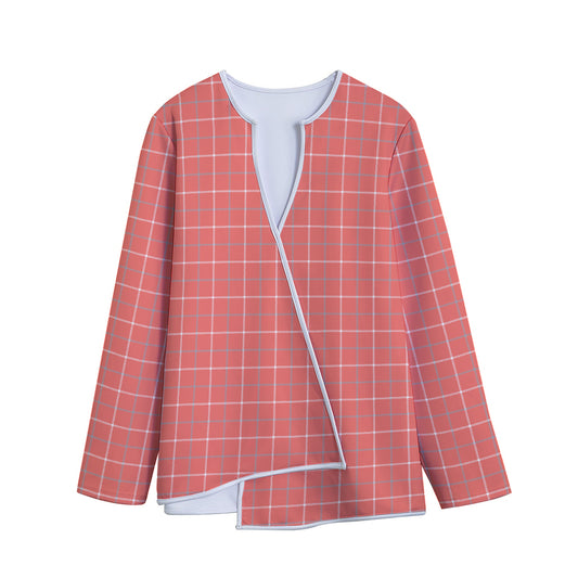 Pastel Red Tattersall Pattern Print Long Sleeve Short Coat