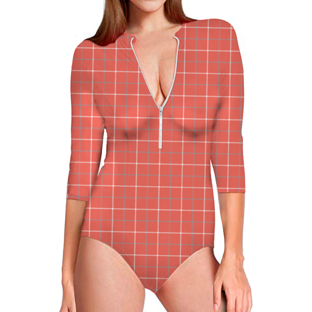 Pastel Red Tattersall Pattern Print Long Sleeve Swimsuit