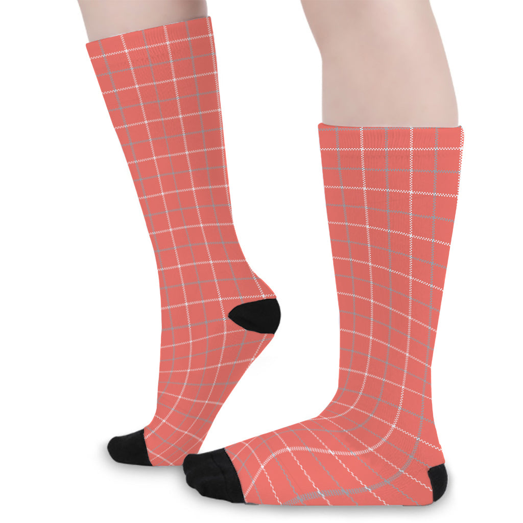 Pastel Red Tattersall Pattern Print Long Socks