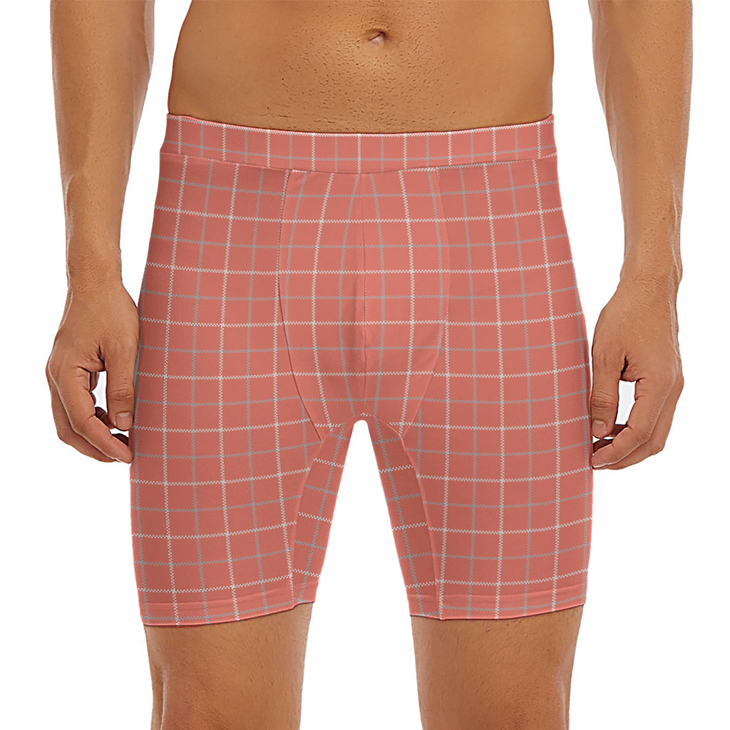 Pastel Red Tattersall Pattern Print Men's Long Boxer Briefs