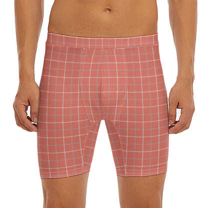 Pastel Red Tattersall Pattern Print Men's Long Boxer Briefs
