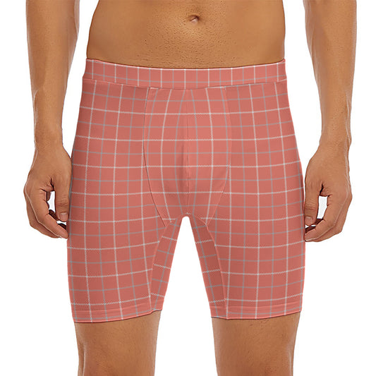 Pastel Red Tattersall Pattern Print Men's Long Boxer Briefs