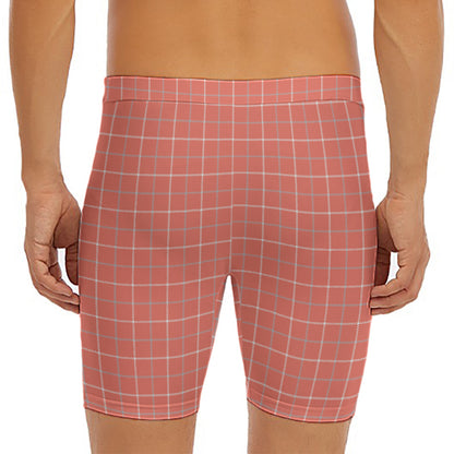 Pastel Red Tattersall Pattern Print Men's Long Boxer Briefs