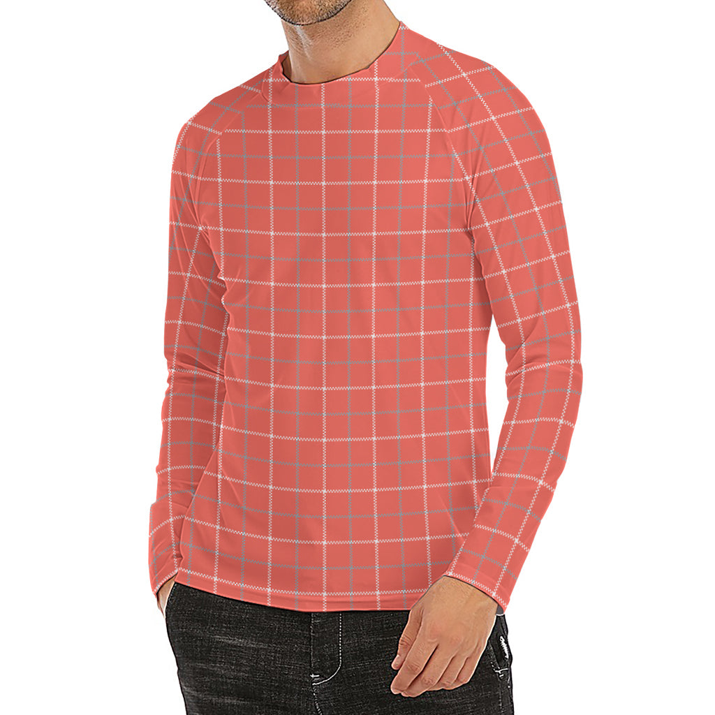 Pastel Red Tattersall Pattern Print Men's Long Sleeve Rash Guard