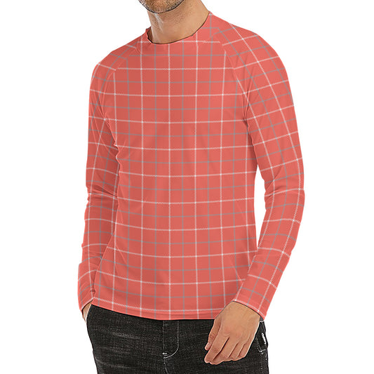 Pastel Red Tattersall Pattern Print Men's Long Sleeve Rash Guard
