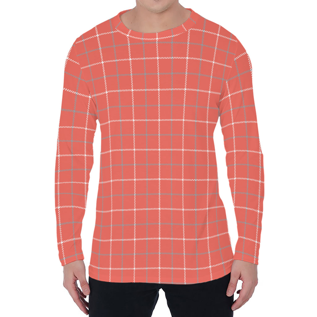 Pastel Red Tattersall Pattern Print Men's Long Sleeve T-Shirt