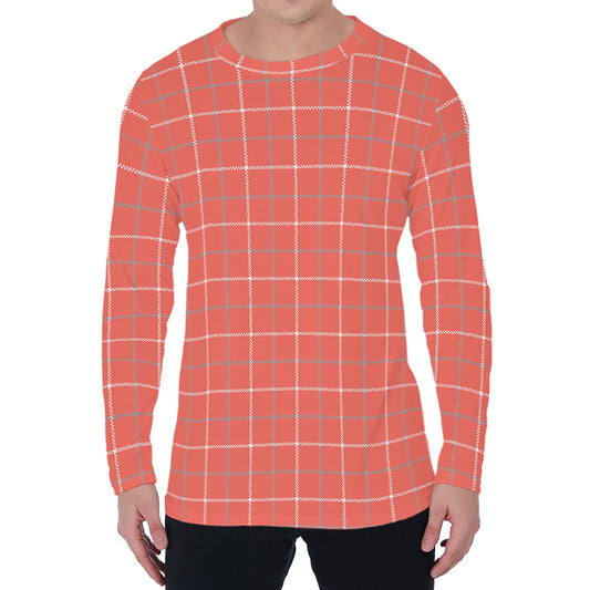 Pastel Red Tattersall Pattern Print Men's Long Sleeve T-Shirt