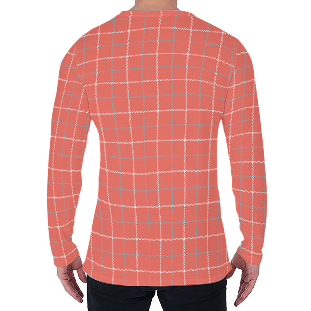 Pastel Red Tattersall Pattern Print Men's Long Sleeve T-Shirt