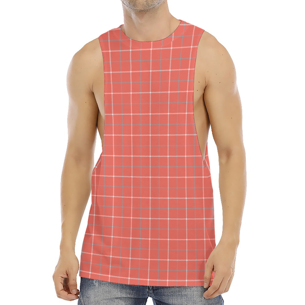 Pastel Red Tattersall Pattern Print Men's Muscle Tank Top