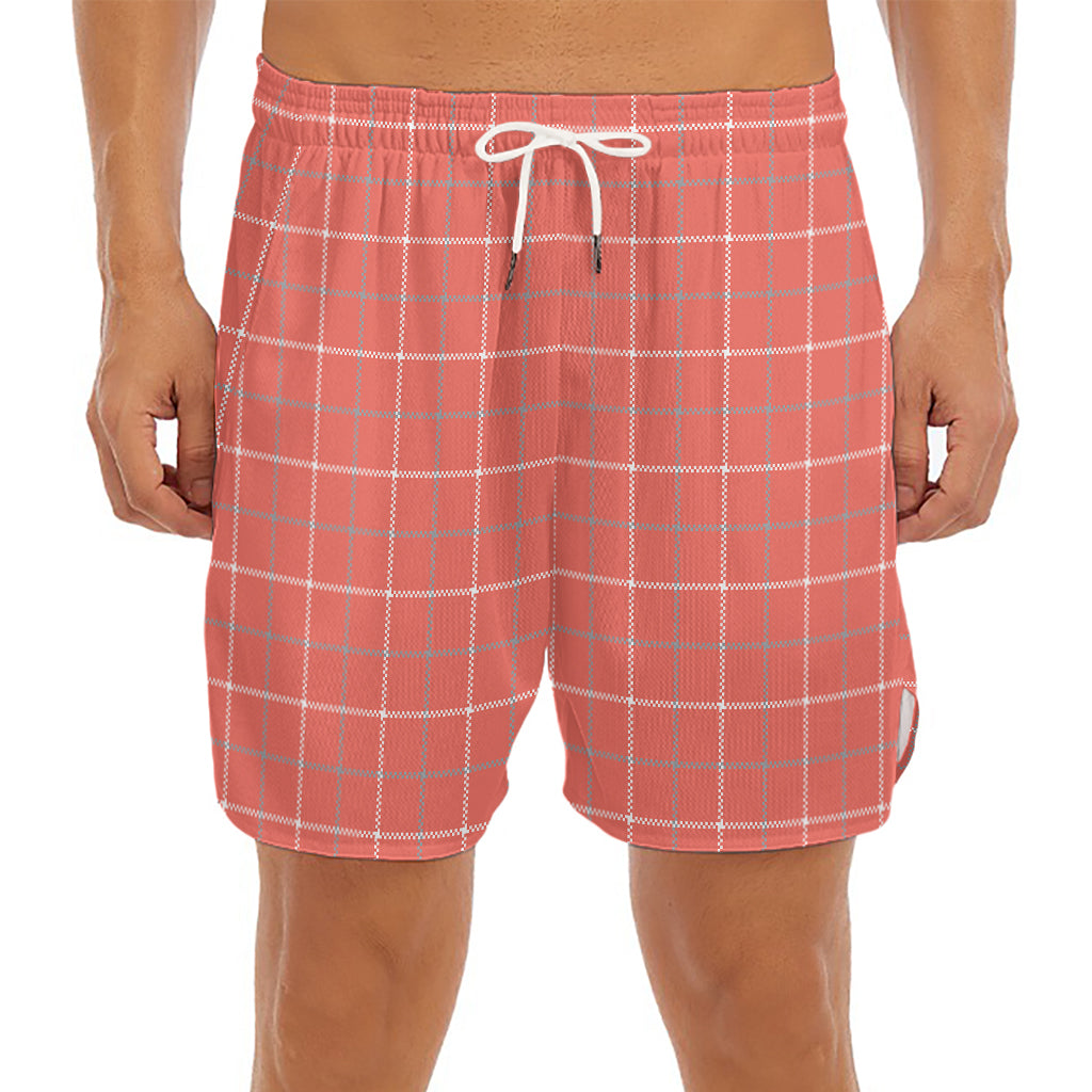 Pastel Red Tattersall Pattern Print Men's Split Running Shorts