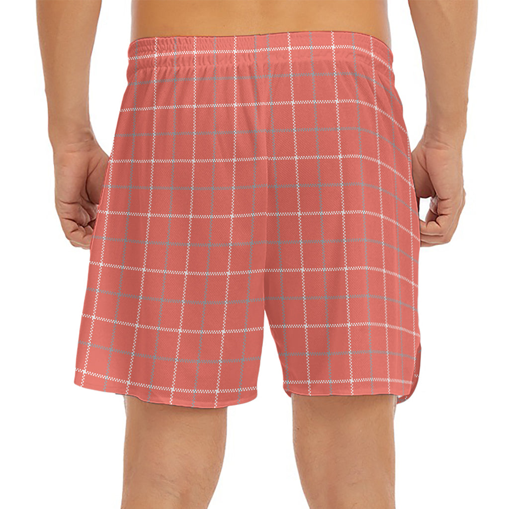 Pastel Red Tattersall Pattern Print Men's Split Running Shorts