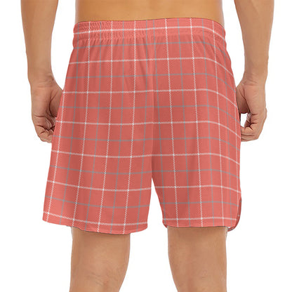 Pastel Red Tattersall Pattern Print Men's Split Running Shorts